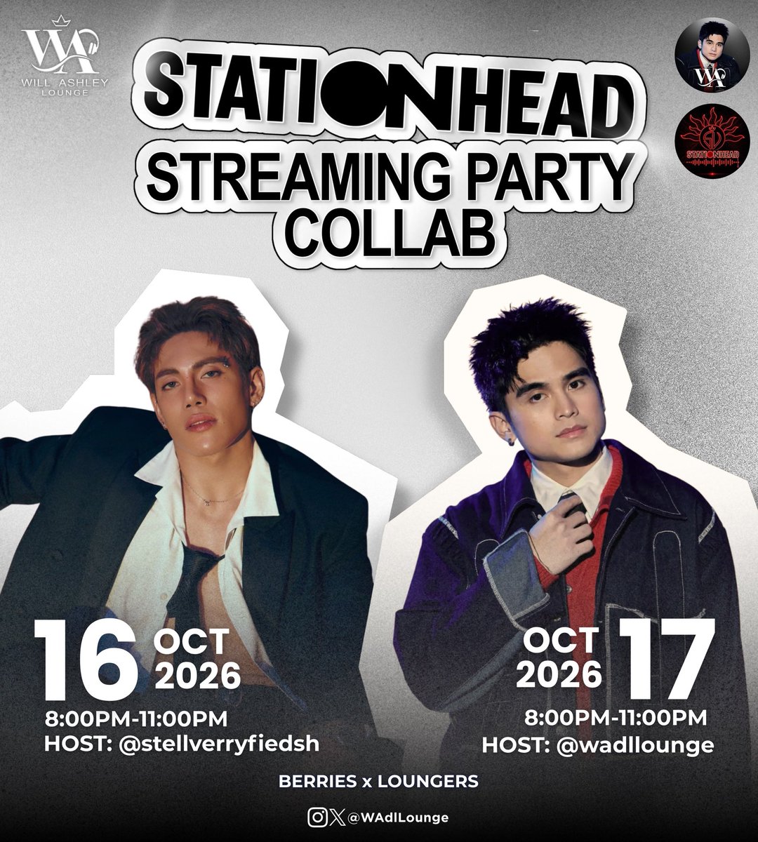 WAdlLounge's tweet photo. LOUNGERS & BERRIES, IT’S OUR TIME TO STREAM! 🖤🤍🍓

Get ready for our STATIONHEAD STREAMING PARTY COLLAB with BERRIES! Let’s fill the airwaves with music, love, and solid support for our boys!

📅 OCTOBER 16, 2026
⏰ 8:00 PM – 11:00 PM
🎙️ Host: @SVOfficialSH (🔗: https://t.co/Et7WvIrSLb)

📅 OCTOBER 17, 2026
⏰ 8:00 PM – 11:00 PM
🎙️ Host: @WAdlLounge (🔗: https://t.co/9ORGvBDrpC)

Mark your calendars, spread the word, and bring your streaming energy! Let’s make these two nights count!

#WillAshley #BerriesXLoungers