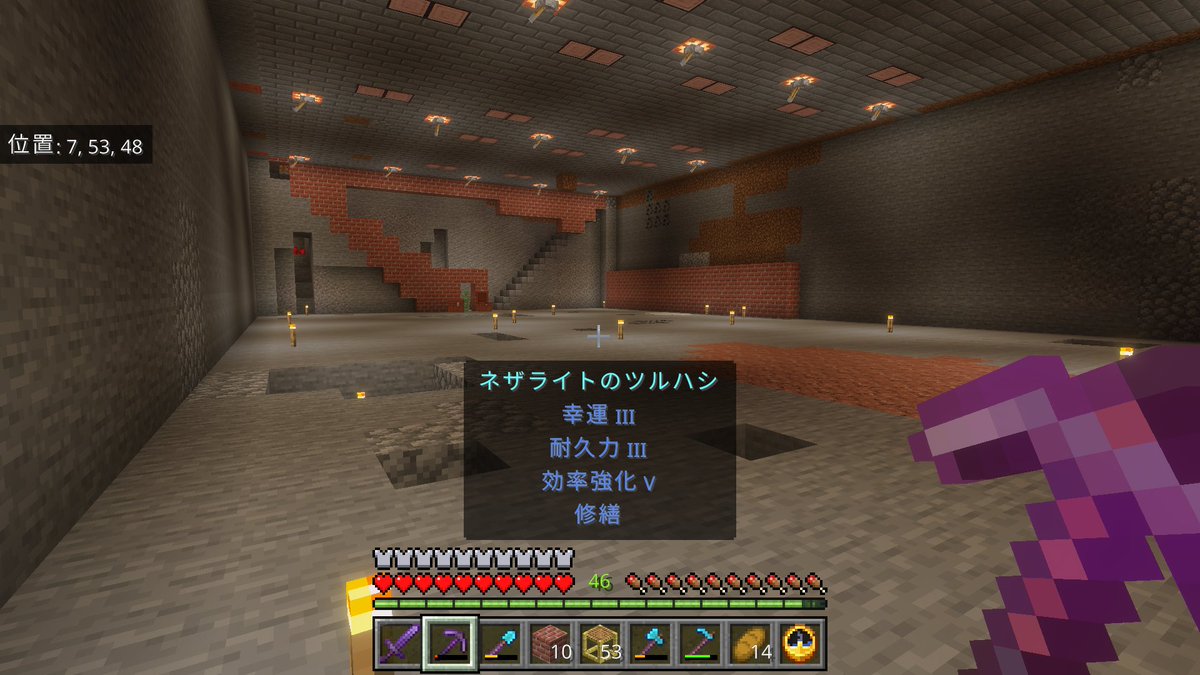 MSK_prototype's tweet photo. 地下2層のアイテム倉庫のために無心で掘削したら最高性能のネザライトピッケルがへし折れそうになった https://t.co/0CTgSClPn9