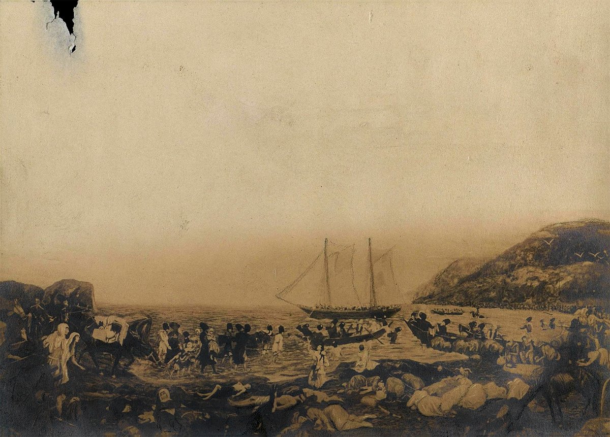 nihilismisok's tweet photo. "A Circassian Camp Near Novorossiysk".

It was painted in 1864 by an unknown artist. Circassians board small boats to reach the exile ship offshore. Bodies, some covered, lie on the shore.

From the Hermitage Collection in St. Petersburg. https://t.co/eoaoX4Ot2D