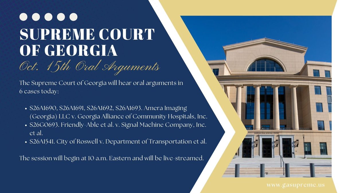SupremeCourtGA's tweet photo. The Supreme Court will hear oral arguments today in six cases, the first four of which are related and will be argued together. The session will start at 10 a.m. Eastern and be live-streamed: https://t.co/9kJrJFWnYM https://t.co/BUckRx6CLZ