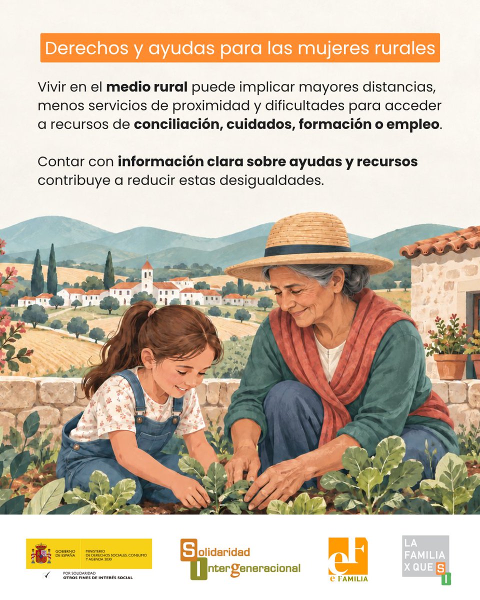 SolidaridadIn's tweet photo. 🌾 Hoy, 15 de octubre, celebramos el Día Internacional de las Mujeres Rurales.

🏡Vivir en el medio rural puede dificultar el acceso a determinados servicios y recursos.

🧡 En eFamilia puedes consultar ayudas y recursos relacionados con conciliación, cuidados, formación o empleo.

🔎 https://t.co/6kaNSauK2l

#DíaInternacionalDeLasMujeresRurales #MujeresRurales #eFamilia #eAyudas #MedioRural
