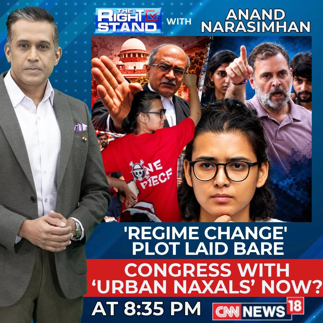 CNNnews18's tweet photo. 'Regime Change' Plot Laid Bare 
Congress With 'Urban Naxals' Now? 

Watch #TheRightStand with @AnchorAnandN at 8:35 PM only on CNN-News18 

Tune In: https://t.co/aNIieOEeL0 https://t.co/mXo2uDhd7m