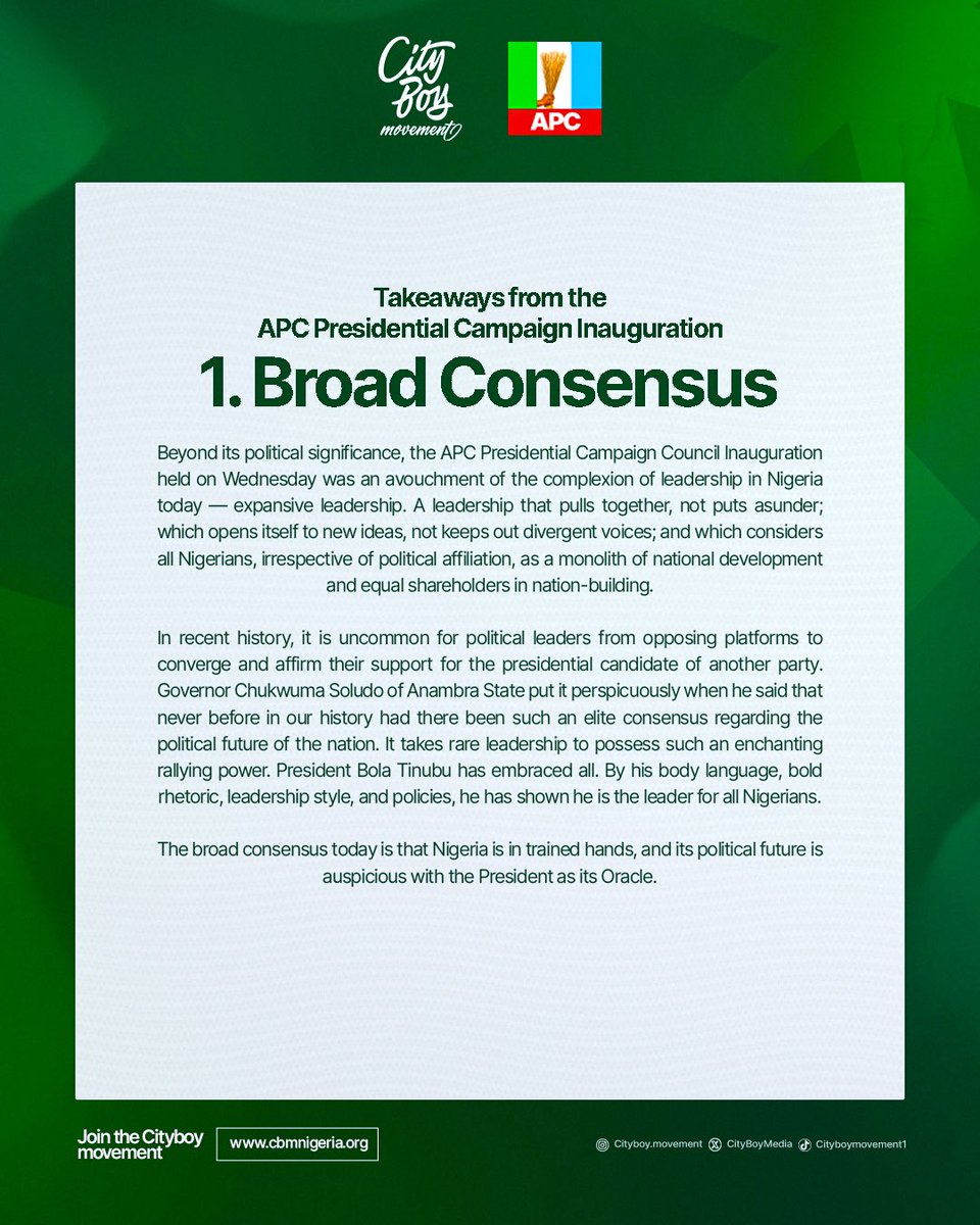 Deen_PR's tweet photo. Takeaways from the APC Presidential Campaign Inauguration, by Fredrick Nwabufo
15th October 2026
#APCPCCInauguration
#RenewedHope2_0
#CityBoyMovement
@CityBoyMedia | @STinubu | @ayowisdom_ | @shoga_francis | @otegaogra | @kokomatic | @woye1 | @ayodeji_og | @CBMdiaspora | @voicebox_99 | @CBM_HQ | @CityBoyMvtLagos | @Onsogbu | @Mr_idonShow | @PBolanta | @markogahGRC | @CBMOyoState | @cbmekiti | @Cbmnasarawast | @cbmbauchi | @CBMDelta_X | @cbm_ondostate | @CBMKadunaState |@bitruslawrence | @HighChiefOkoro | @Hon_alaoonilu