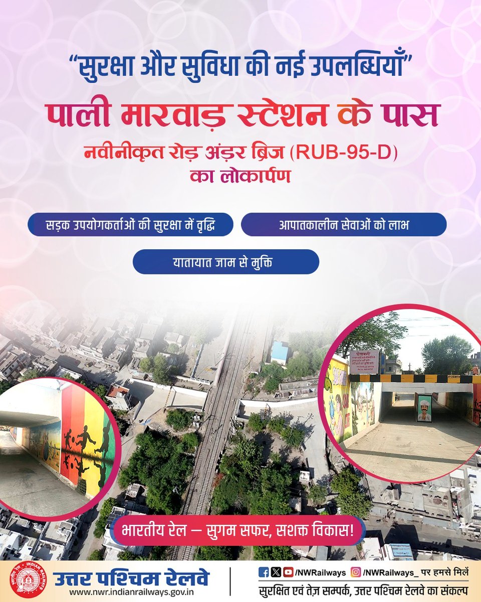 NWRailways's tweet photo. "सुरक्षा और सुविधा की नई उपलब्धियाँ"
पाली मारवाड़ स्टेशन के पास नवीनीकृत रोड़ अंडर ब्रिज (RUB-95-D) का लोकार्पण 
#PaliMarwar #PaliMarwarStation #RoadUnderBridge #RUB #लोकार्पण #बाधारहित_आवागमन #सुरक्षित_जीवन #सुरक्षा #रेलवे_विकास #रेलवे_इंफ्रास्ट्रक्चर #यात्री_सुविधा #IndianRailways 🚆 #NorthWesternRailway