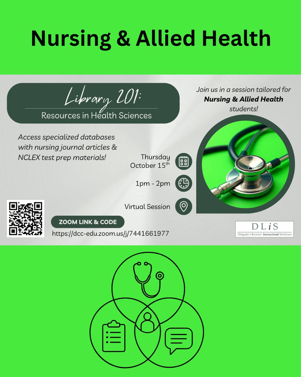 DelgadoLibrary's tweet photo. Library 201: Resources in Health Sciences
Access specialized databases with nursing journal articles &amp; NCLEX test prep materials.

Virtual/Zoom @ Zoom https://t.co/F9rdTOEWfc