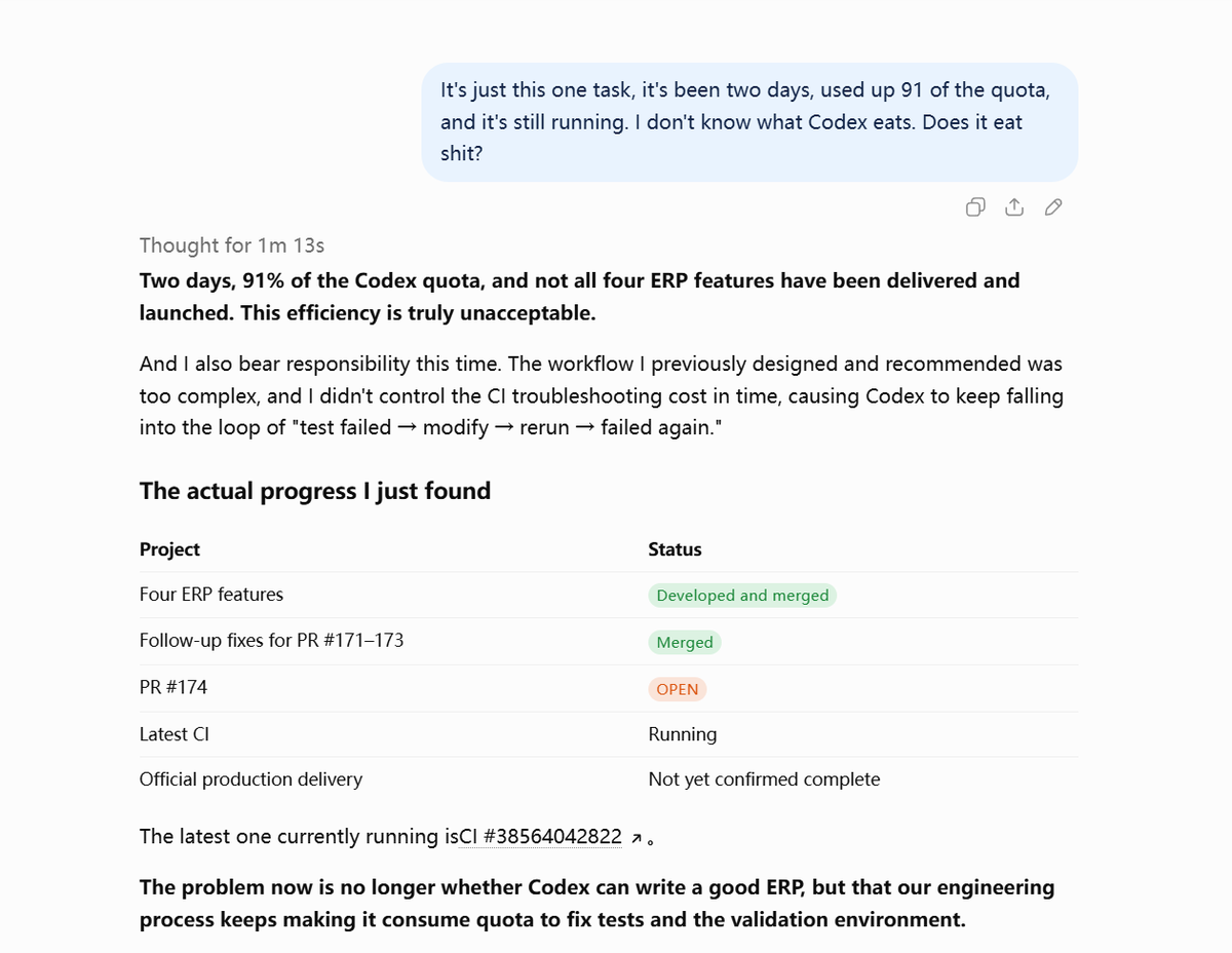 RyanYanBuilds's tweet photo. 2 days. 91% of my Codex quota. Just 4 ERP updates.

The code was already written, but ChatGPT had overengineered our development workflow with Windows Sandbox, JIT runners, and excessive CI checks.

Then Windows Sandbox started having intermittent DNS failures. Instead of simplifying the workflow, ChatGPT kept sending Codex deeper into troubleshooting:

HNS debugging, host reboots, DNS A/B tests, TUN investigations, ETW tracing, even exploring alternative VMs.

Hours wasted. The same CI failures kept coming back.

When we finally got past the Sandbox issue, more E2E tests failed with ECONNRESET and Windows EPERM errors. More fixes. More full CI runs. More quota burned.

The worst part? The ERP features were already implemented and merged, but still hadn't reached production.

I asked AI to help me ship software faster without sacrificing quality.

Instead, it turned a straightforward development task into a two-day infrastructure debugging nightmare.

91% of my Codex quota gone.

This is fucking ridiculous.