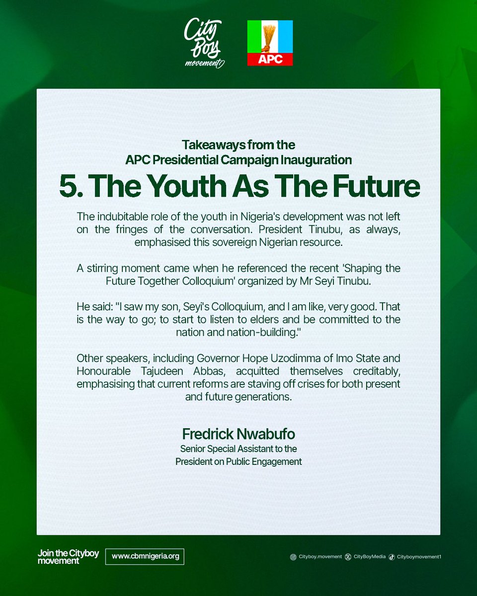 Deen_PR's tweet photo. Takeaways from the APC Presidential Campaign Inauguration, by Fredrick Nwabufo
15th October 2026
#APCPCCInauguration
#RenewedHope2_0
#CityBoyMovement
@CityBoyMedia | @STinubu | @ayowisdom_ | @shoga_francis | @otegaogra | @kokomatic | @woye1 | @ayodeji_og | @CBMdiaspora | @voicebox_99 | @CBM_HQ | @CityBoyMvtLagos | @Onsogbu | @Mr_idonShow | @PBolanta | @markogahGRC | @CBMOyoState | @cbmekiti | @Cbmnasarawast | @cbmbauchi | @CBMDelta_X | @cbm_ondostate | @CBMKadunaState |@bitruslawrence | @HighChiefOkoro | @Hon_alaoonilu