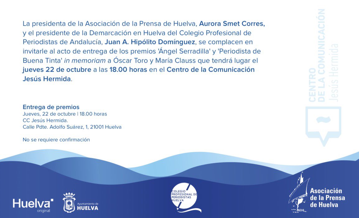 PrensaHuelva's tweet photo. 🖋️ La Asociación de la Prensa de Huelva y el @CPPAHuelva reconocen a título póstumo la trayectoria profesional y humana de Óscar Toro y María Clauss con los premios Ángel Serradilla y Periodista de Buena Tinta 2026

📅 Jueves 22 de octubre a las 18:00 horas https://t.co/x2KVwlBc4o