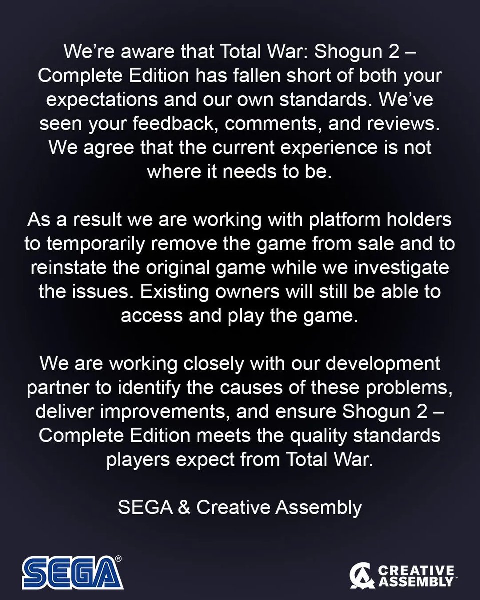 MauriceWeber42's tweet photo. Sega und Creative Assembly nehmen die Shogun 2: Complete Edition aus dem Verkauf - und wollen sie verbessern, bis sie gut genug ist wieder angeboten zu werden. Schade dass das nötig ist, aber positiv dass sie das Feedback so ernst nehmen. https://t.co/jpAVURiLQi