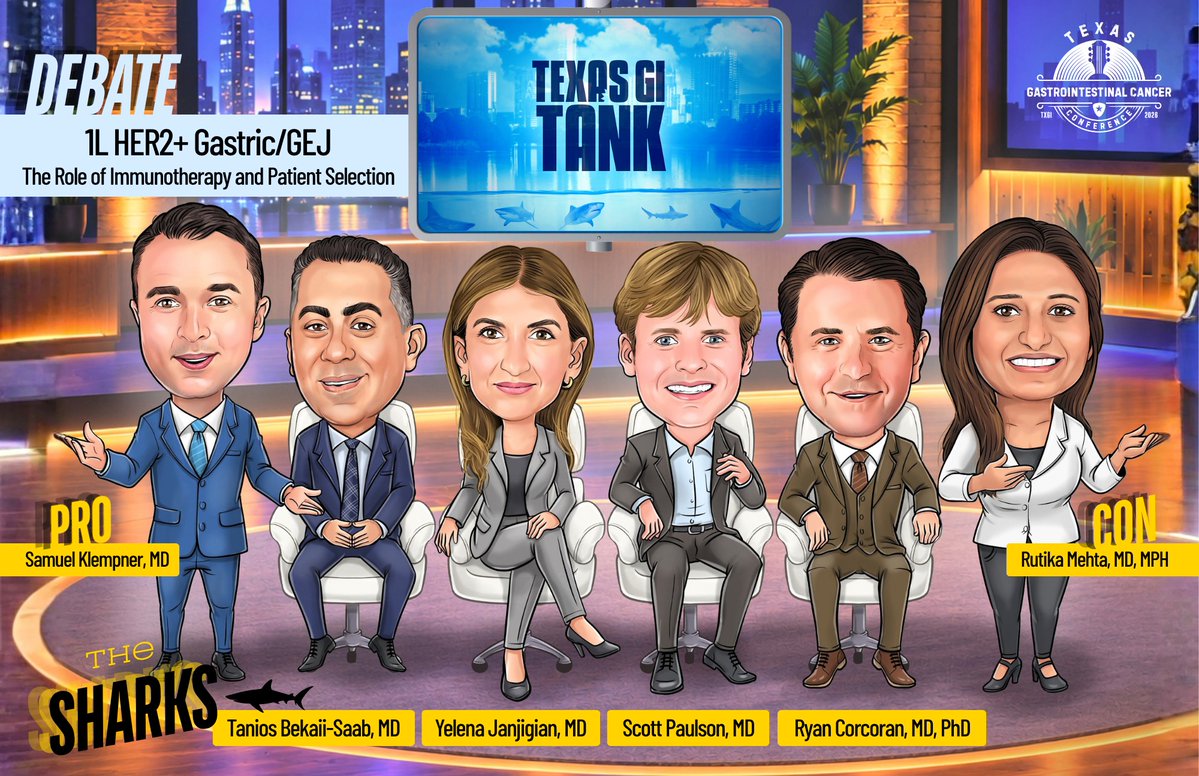 TXGIconference's tweet photo. Don’t miss the Texas GI Tank at #TexasGI26. 🦈 @KlempnerSam and @rutikamehtaMD go head-to-head on one of the biggest questions in GI oncology: 1L HER2+ Gastric/GEJ – The Role of Immunotherapy and Patient Selection. The sharks—Drs. @YJanjigianMD, Scott Paulson, @GIcancerDoc, and Ryan Corcoran—will put both cases under the microscope before deciding who gets the deal. Don't miss it! Nov 5–7, 2026 | Austin, TX | Free registration: https://t.co/JL2wHeOk9P  #GIOncology #GastricCancer #HER2 #Immunotherapy #TexasGI26