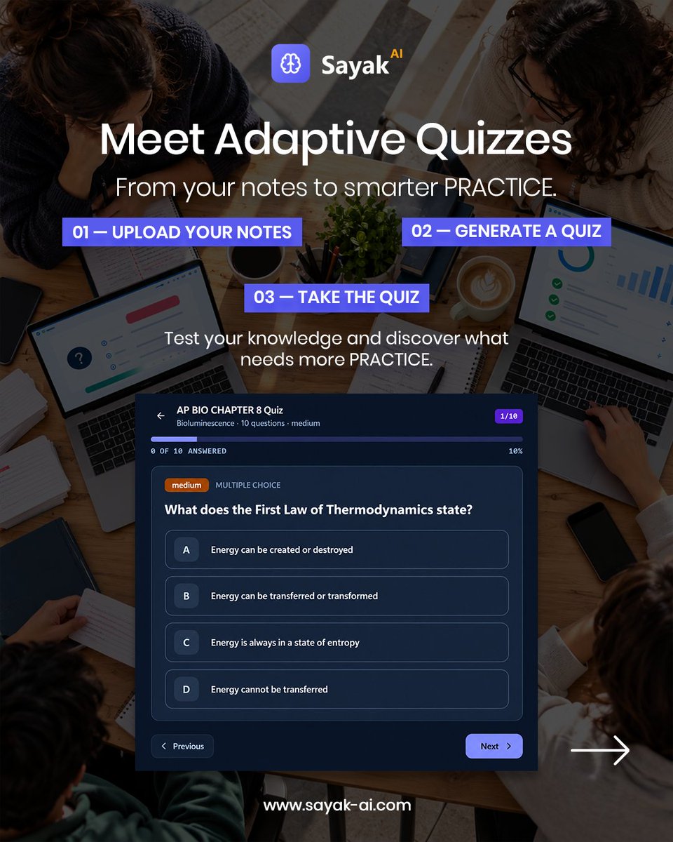 SayakAIqo's tweet photo. Your notes have questions. Do you have the answers? 👀🧠

Turn your notes into adaptive quizzes with Sayak AI. Test what you know, learn from your mistakes, and turn weak spots into strengths. 🎯

#Sayakai #AdaptiveQuizzes #StudySmarter #ExamPrep #StudentLife https://t.co/rMhRQ0GEcZ
