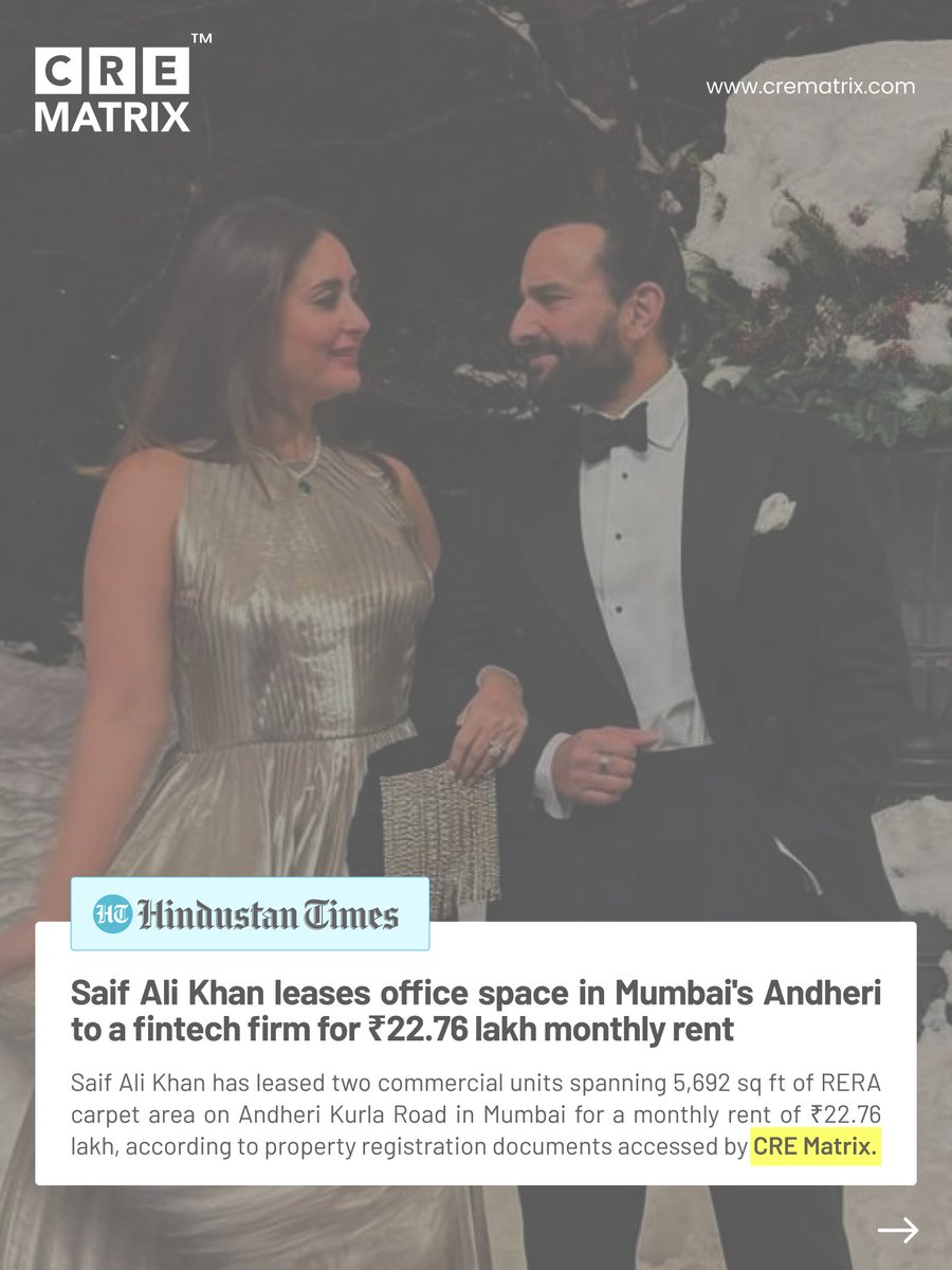 CreMatrix's tweet photo. According to documents accessed by https://t.co/xP5pO4gGdC, Saif Ali Khan has leased two commercial units spanning 5,692 sq ft of RERA carpet area on Andheri Kurla Road, Mumbai, for a monthly rent of ₹22.76 lakh.
.
.
.
.
.
#SaifAliKhan #MumbaiRealEstate https://t.co/whr1560KqY