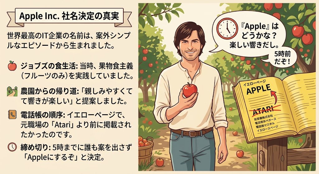 Futaba_mktk's tweet photo. なぜ世界最高のIT企業は「りんご（Apple）」なんて可愛い名前にしたのか？

「アラン・チューリングの毒リンゴ説」や「ニュートンの万有引力説」など都市伝説は尽きませんが、真相は拍子抜けするほどシンプルです。

◆ 社名決定にまつわるリアルな裏話 
・ジョブズが当時「果物食主義（フルーツのみ食べる食生活）」を実践していた 

・りんご農園から帰る途中に「親しみやすくて響きが楽しい」と提案 

・電話帳（イエローページ）で、元職場の「Atari」より前に掲載されたかった 

・締め切りまでに誰も良い案を出さず「5時までに決めないとAppleにするぞ」と決定

伝説的なイノベーションも、案外「テキトーなノリと締め切り」から生まれるという教訓。

あなたが一番好きな「企業の名前の由来」は何ですか？ぜひコメントで語ってください！
