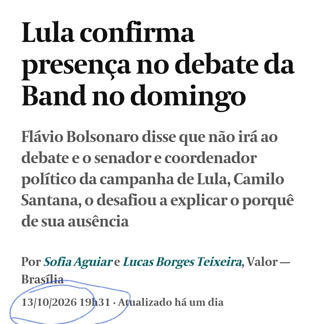 joaoescosteguy's tweet photo. Erradíssimo. A ordem correta é esta, e é só ver a data e hora das notícias:

1) Lula confirmou ida ao debate.

2) Flávio disse que não ia.

3) Lula confirmou ida mesmo assim.

4) Flávio mudou de ideia, disse que ia e criou historinha pra enganar otário que quer ser enganado. https://t.co/ioSuc4v8da