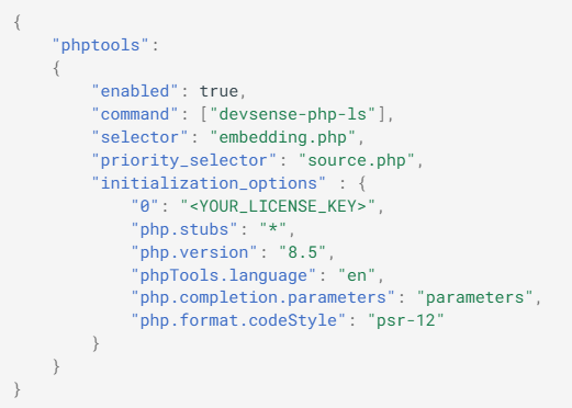 php4vs's tweet photo. 3. Enable PHP Tools Language Server

Go to Preferences / Package Settings / LSP / Server Configurations.

In the newly opened file LanguageServers.sublime-settings, add the following configuration: https://t.co/dMEcI047rf