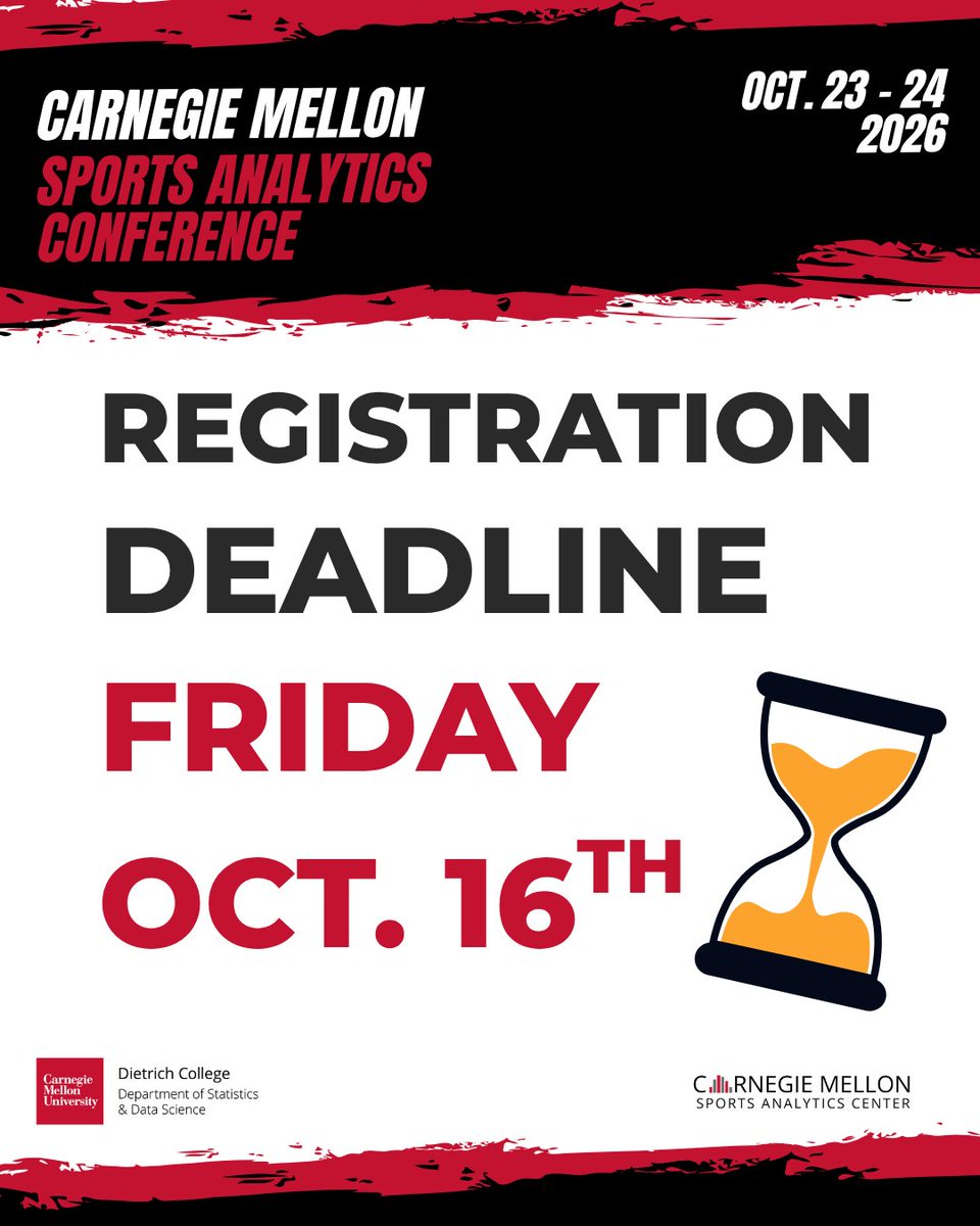 CMU_StatDS's tweet photo. Time is running out to register for the tenth annual Carnegie Mellon Sports Analytics Conference! Have you secured your spot yet? 

Registration closes Friday, October 16th at 11:59 pm EST. Visit our website to register today and beat the buzzer! https://t.co/9AhyoYxJ3k https://t.co/Mi9psB8QHa