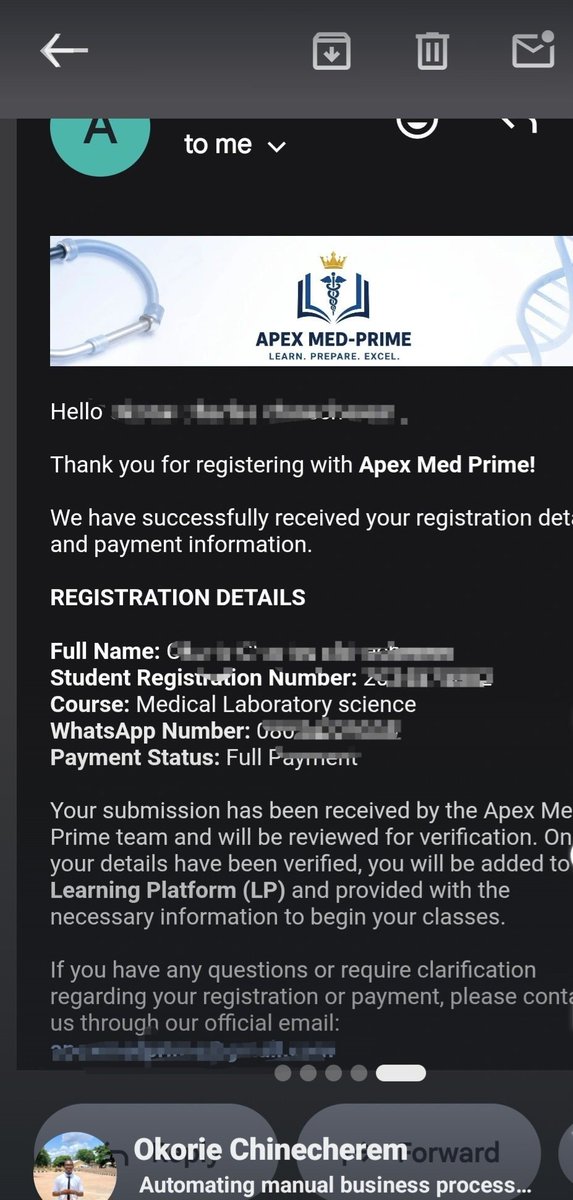 CharlesHNR_'s tweet photo. Built an automated student onboarding workflow for my enterprise, Apex Med Prime ⚡
​📝 Form submitted by student
📊 Auto-saved to database spreadsheet
📧 Student gets instant confirmation email
🔔 Admin team notified in real time
​ #BuildInPublic #Automation https://t.co/v7YOt5EfSc