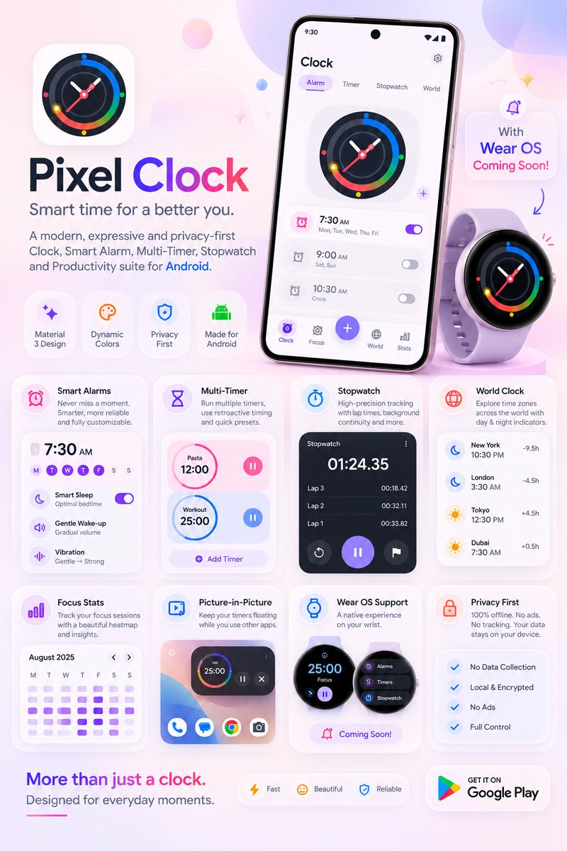 JustForPixel's tweet photo. #teampixel Time tracking, but make it beautiful. ⏰ 🎨

Introducing Pixel Clock — a stunning, Material You clock &amp; timer app for Android. Fluid animations, zero trackers (100% private), and completely sleek.

Experience it.  https://t.co/C8wRayKy8m https://t.co/6mlfEHpdM0