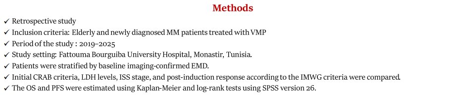MM_Hub's tweet photo. CONGRESS | #IACH2026 | POSTER

Slama Ahlem, University of Monastir, presented results from a single-center, retrospective study evaluating the impact of inaugural extramedullary disease (EMD) in elderly patients with NDMM treated with VMP (N = 53). EMD was identified in 10 patients (19%).

After induction, the ORR (p = 0.67) and ≥VGPR rate (p = 0.70) were comparable between the EMD and non-EMD groups. With a median follow-up of 56 months, 3-year OS was 85% in the non-EMD group vs 67% in the EMD group (p = 0.462); 3-year PFS was 89% vs 74%, respectively (p = 0.039).

Follow our live feed for more updates: https://t.co/LpMLeUSjDx

Intended for HCPs only. This congress coverage is independently supported by pharmaceutical companies, who are allowed no influence on the content; a full list of supporters can be found on our website.

#MultipleMyeloma #myeloma #mmsm #MedEd @TheIACH
