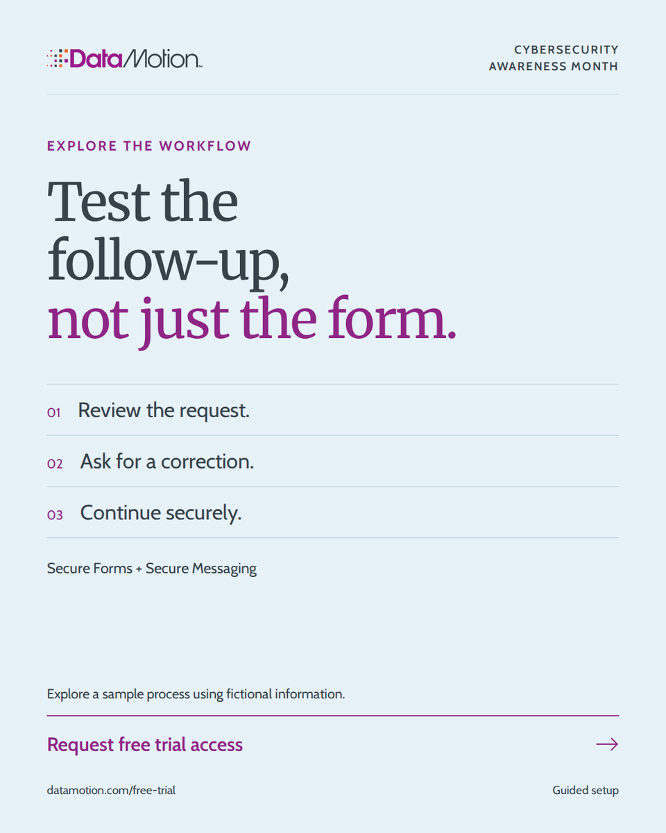 DataMotion's tweet photo. For #CybersecurityAwarenessMonth: follow a sensitive request beyond “Submit.” Where does the data go, who can access it, and do follow-ups stay secure? https://t.co/DhYlLOVRgg https://t.co/TthF6QX1JK