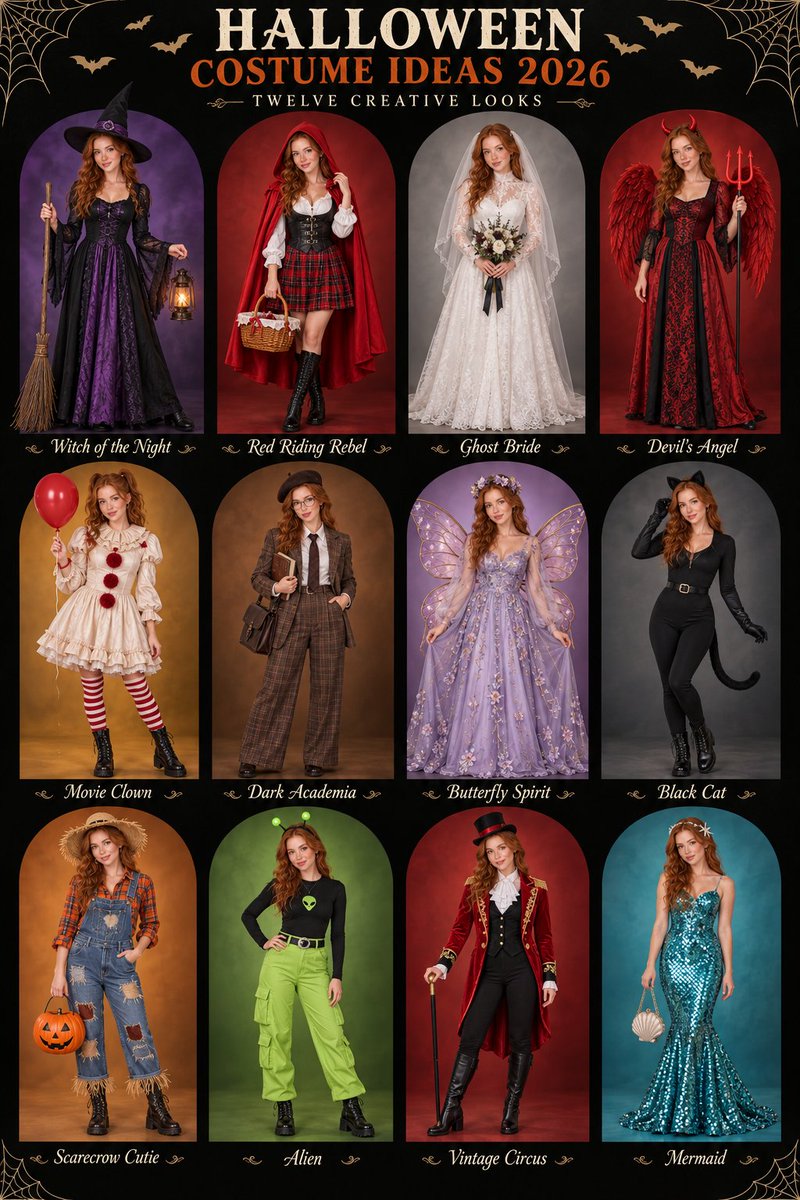 MiraLemuria's tweet photo. 12 days of Halloween inspiration in a single frame. 🎃🕸️✨ From Dark Academia to Devil’s Angel—which costume wins the crown for 2026? (1–12) 👇

#MiraLemuria #HalloweenCountdown #SpookyVibes #CostumeInspo #HalloweenStyle https://t.co/NKJ6aO0mLn