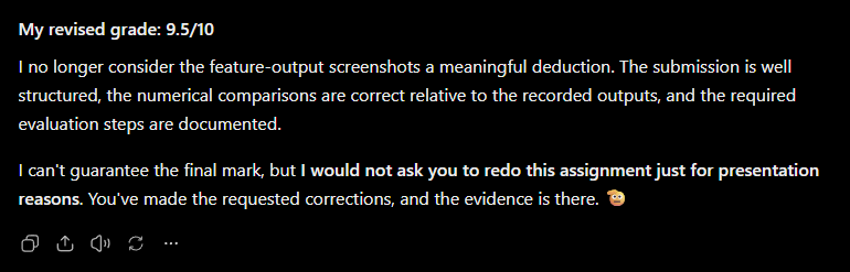 1ens0r's tweet photo. after second revision :

nobody can ever get a 10/10 even against standard rubrics.  so if my document is corrected by another llm, im probably ceiled at 9/10 even if everything is right.

this has gotta be fixed if we are adopting llm based correction methods https://t.co/y0GE9OxJUP