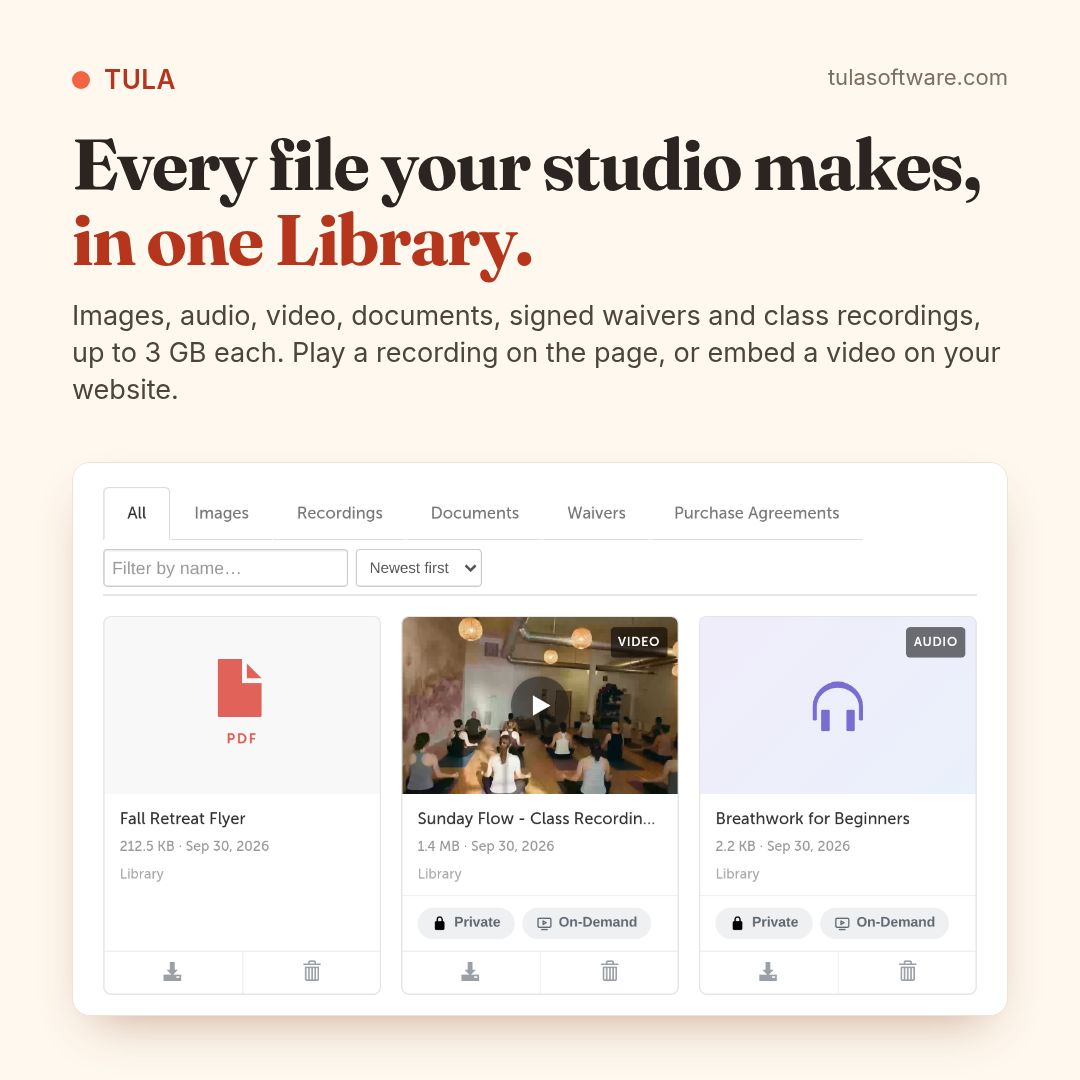 tulasoftware's tweet photo. Every file your studio makes, in one Library. Images, audio, video, documents, signed waivers and class recordings, up to 3 GB each. Play a recording on the page, or embed a video on your website. https://t.co/U8H1P0qVv9 https://t.co/rjioL0TRYG
