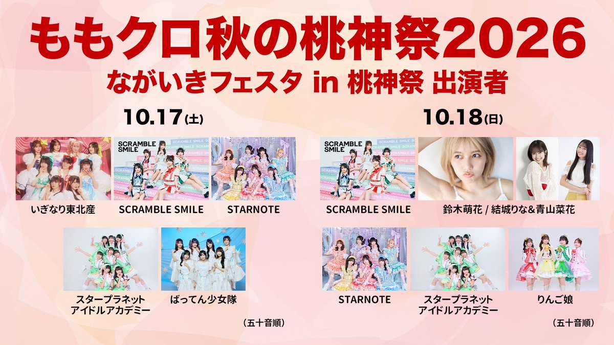 madeintohoku's tweet photo. 🌾今日10/17(土)は…🔥

「ながいきフェスタ in 桃神祭」
📍千葉県長生郡長生村 尼ケ台総合公園

モノノフさん、みなさん、皆産、
よろしくお願いいたします‼️

⏰11:20〜11:50 いぎなり東北産ライブ
⏰11:50頃〜特典会テント①
「無料フライヤーお渡し会」

※年末の初アリーナ公演のフライヤーをお渡しします
※列途切れ次第、もしくは12:30には必ず終了となります

🔽詳細は特設サイトへ
https://t.co/j3oGIVWwUN
 
#ももクロ桃神祭
#いぎなり東北産
#スターダストプロモーション