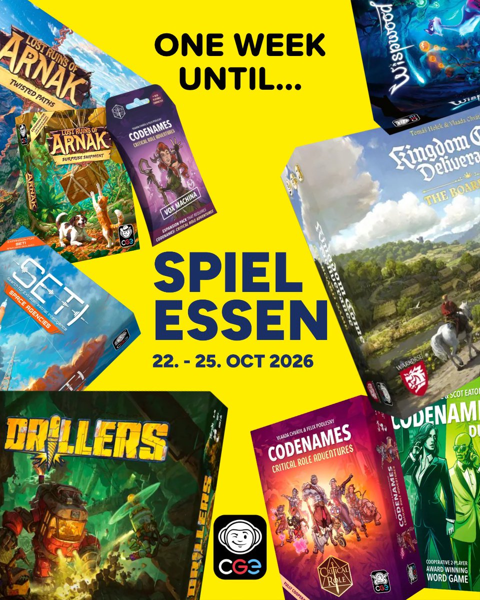 czechgames's tweet photo. The countdown is on! SPIEL Essen is next week! 🗓️ 

Want to meet the minds—our designers—behind Kingdom Come: Deliverance – The Board Game, Codenames: Critical Role Adventures or Drillers? ✍️🎲

See the poster below

#SPIEL2026 #CGE #CzechGamesEdition #newboardgames https://t.co/RPZ49NCDHd