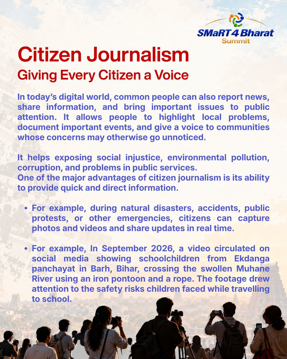 smartsummit_off's tweet photo. Every citizen with a phone can be a reporter, but with that power comes responsibility. 
🗞️ Swipe to see how citizen journalism gives communities a voice, and why verifying before sharing matters.

#SMaRT4Bharat #citizenjournalism #medialiteracy #thinkbeforeyoushare https://t.co/lgyM6ro7s1