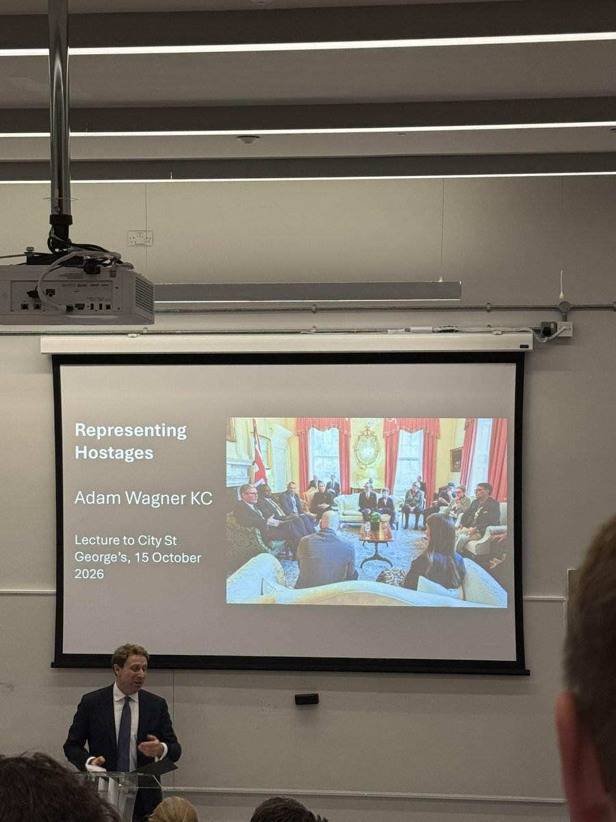 BrodieMitchell1's tweet photo. Fantastic lecture by Adam Wagner KC on how he represented British hostages held by Hamas in Gaza. How shocking though that security at @CityStGeorges allowed for these useful idiots to walk in with keffiyehs hiding their identity, leaving many in the room to feel intimidated. https://t.co/ea6LEUus5p
