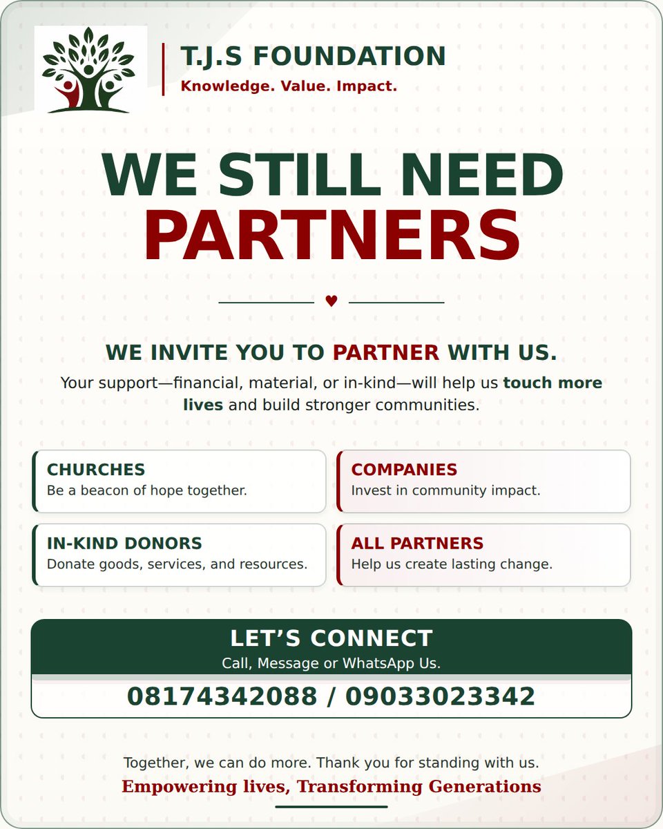 TJSFoundationng's tweet photo. We still need partners and in-kind support.

Please send a DM or WhatsApp 08174342088 / 09033023342.

We want to deliver fully on 23–24 October.

#TJSFoundationng
#Partnership
#AbujaCharity #OctoberImpactWeekend #NigerianNGOs
#FaithInAction
#InKindDonation https://t.co/HHqrIyt7lB