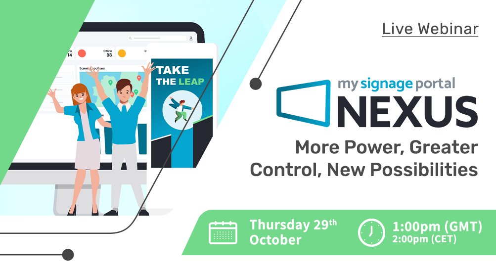 AllseeTech's tweet photo. 🚀 Join our #webinar to see how My Signage Portal Nexus gives you more power, control and new possibilities when managing #digitalsignage.

👉 Intuitive new #UI
 👉 Smarter scheduling, tags &amp; campaigns
 👉 New possibilities with Nexus Apps

Register now: https://t.co/IRYpshhkk6 https://t.co/kAGltmRYVY