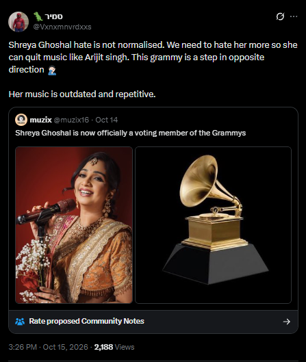 1keufie's tweet photo. First in my bloodline to witness a Shreya Ghoshal hate 😭 This has to be a ragebait https://t.co/ikqczb1gDX