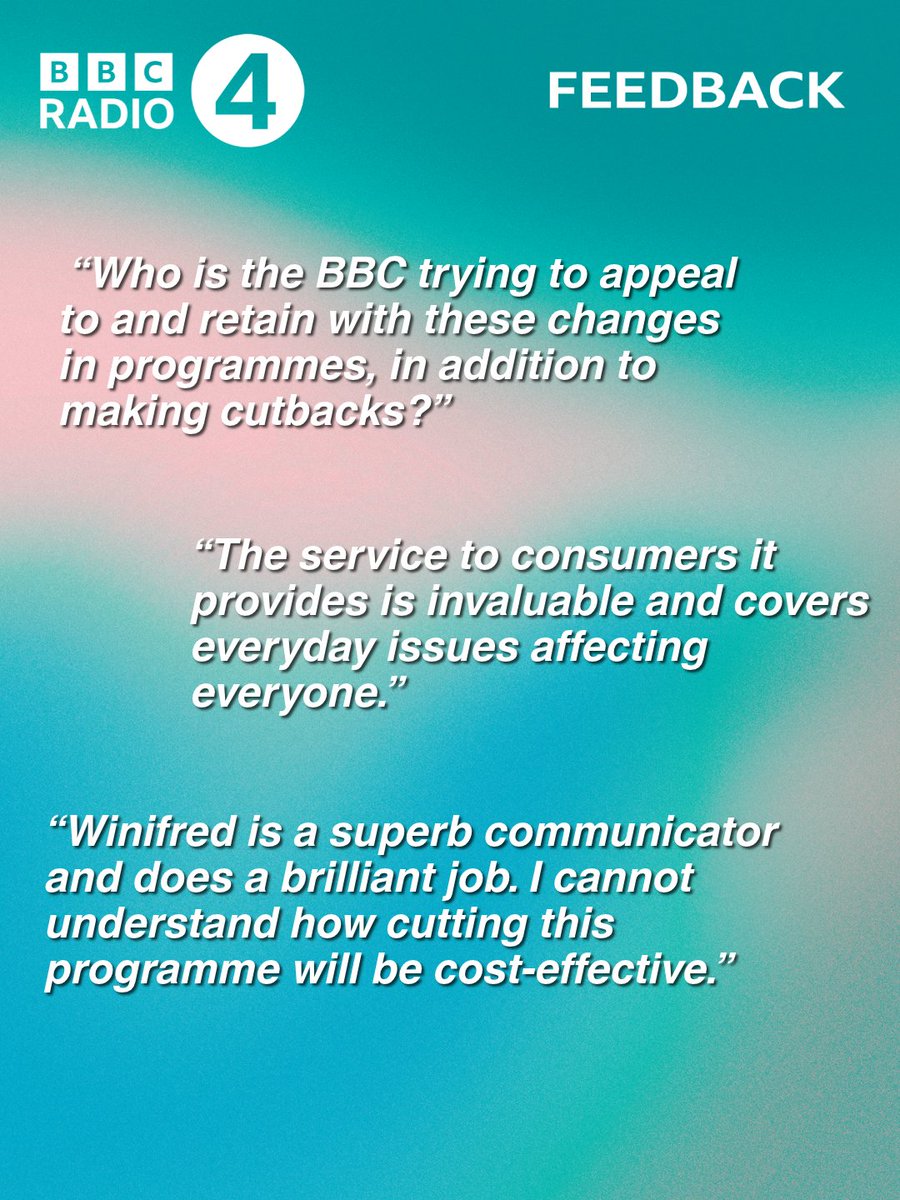 BBCR4Feedback's tweet photo. Today on Feedback, we're hearing your thoughts on the recent cuts to @bbcradio4, specifically the axing of #YouAndYours.

Here's a sample of what you have to say about the end of the long running consumer advice programme.

Listen at 3.30pm 📻

Feedback | @bbcsounds https://t.co/qTOuc1oqwk