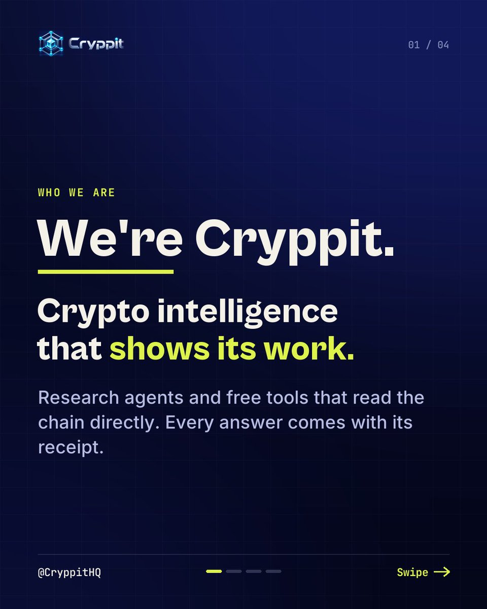 CryppitHQ's tweet photo. 37 research agents. 2 free tools. 0 keys held.

We're Cryppit: crypto intelligence that shows its work. We read the chain directly, and every answer comes with its receipt.

Who we are, what we build, and the rules we work by: https://t.co/a3M5KjJPg5