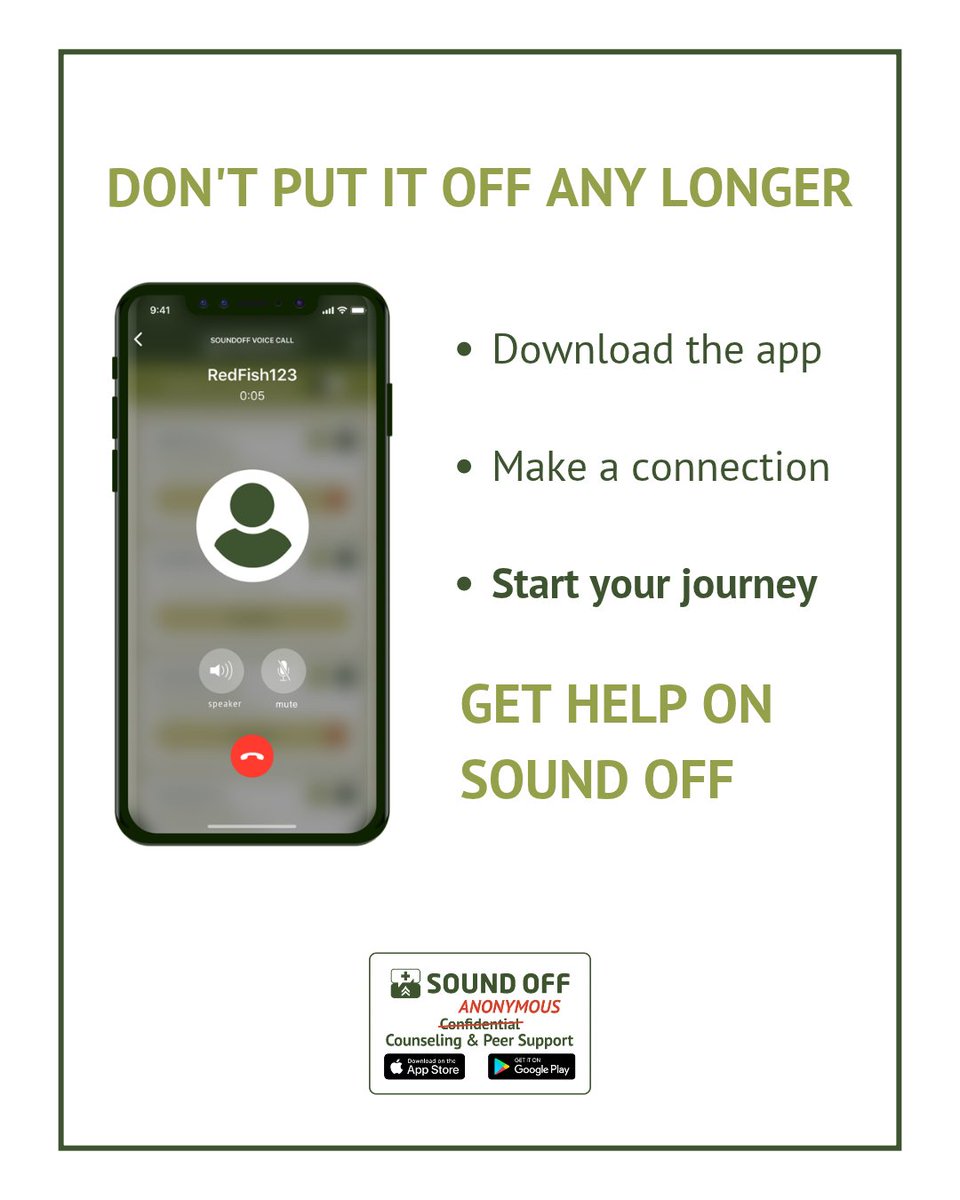 SoundOff's tweet photo. No paperwork. No waiting rooms. No names. Just download the app and get connected to a Peer Supporter or Counselor who's ready to listen.https://t.co/Ny6VFxPo3U https://t.co/MMg6L6EuRq