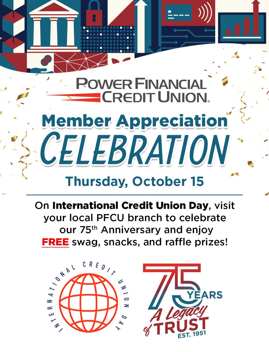 PowerFiCU's tweet photo. Happy #InternationalCreditUnionDay! 🎉 Today is all about celebrating the power of people helping people. And to our members, thank you for #75YearsOfTrust. ❤️ Make sure to stop by any of our branches today for snacks,  giveaways, and raffle prizes. 🎁  https://t.co/iENZyU0C47. https://t.co/poom3vmqbc