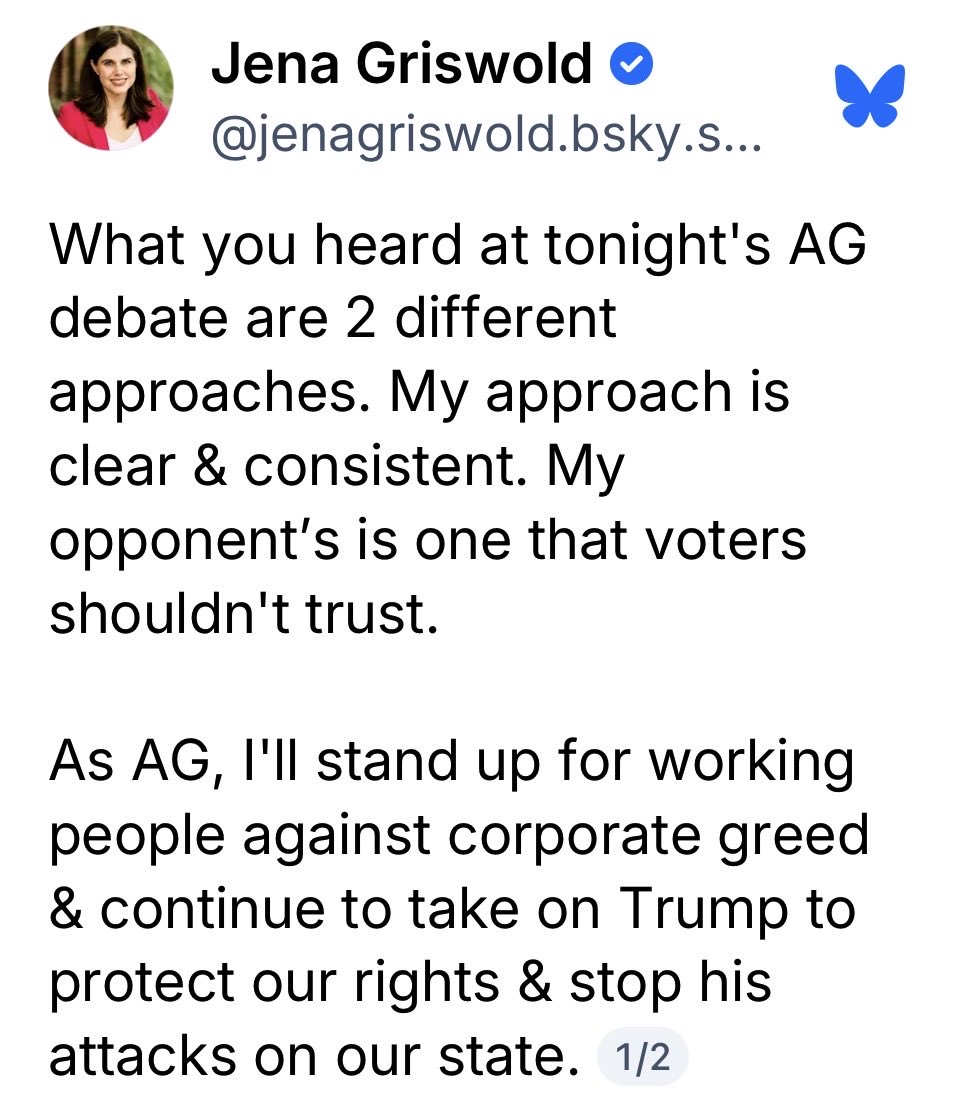 mrosazza's tweet photo. Jena got slaughtered in the debate by Michael Allen and is now lashing out like a high school theatre kid.    Jena seems to conflate Trump enforcing Federal law to an attack on her elections.  The Founders required multiple officials, public records, and observers so no single person controlled critical election details for federal offices. Concentrating that knowledge in one individual  eliminates those checks, creating the exact centralized power over elections they designed the Constitution to prevent.  #colorado #copolitics