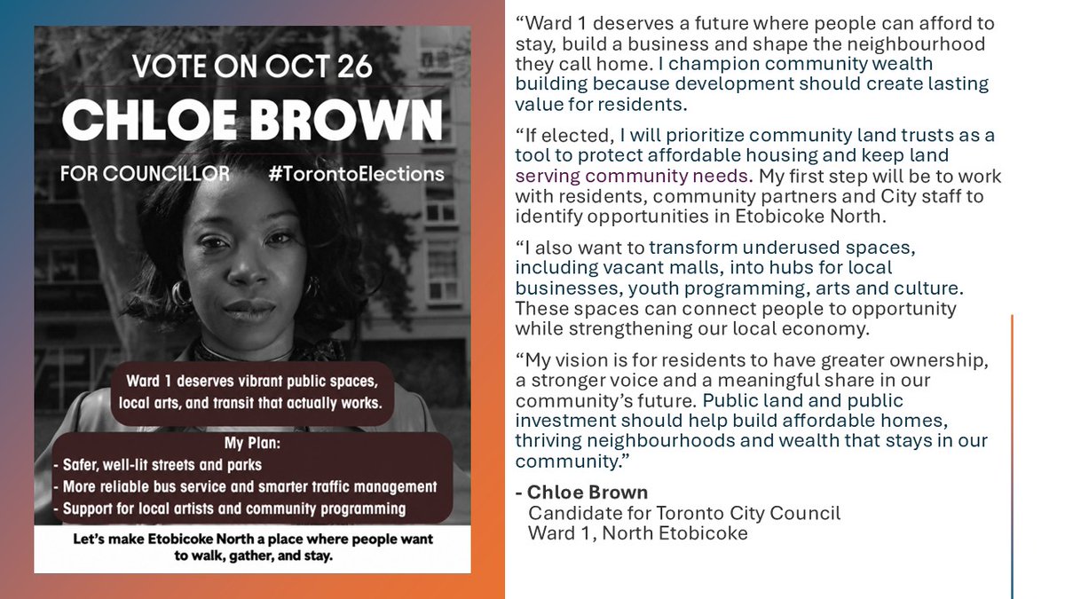 CWCandidates's tweet photo. ENDORSEMENT!!!
We are thrilled to endorse longtime community wealth building champion @chloebrown4TO for Ward 1 - North Etobicoke!
See her fantastic statement here! https://t.co/dFybcFyZWz
