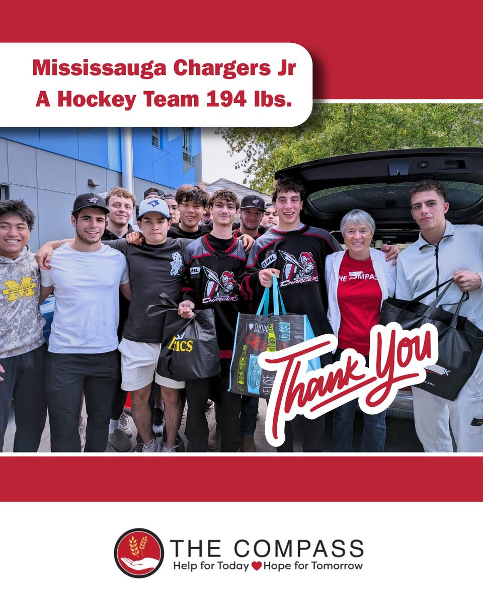 CompassFoodBank's tweet photo. 🏒 BIG SHOUTOUT TO THE MISSISSAUGA CHARGERS JR. A HOCKEY TEAM!

We want to send a huge thank you to the Mississauga Chargers Jr. A Hockey Team, who stopped by yesterday and dropped off a fantastic 194 lbs of essential food donations!

Year after year, their continued support ensures that local families facing food insecurity have food on the table. It truly takes a team effort, both on and off the ice, to care for the 2,000 local neighbours who rely on The Compass every single week.

Thank you to the players, coaches, and staff for leading by example and giving back to our community. Good luck with the rest of your season!

#TheCompass #MississaugaChargers #OJHL #JuniorA #CommunitySupport #FeedSouthMississauga #PortCredit #Mississauga #FoodDrive #HelpForTodayHopeForTomorrow