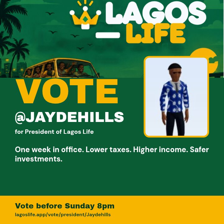 Jaydehills's tweet photo. I am @Jaydehills, and I am running for President of Lagos Life. Right now too many of us earn little, pay heavy taxes, and watch our investments lose money. That is not a fair game. Give me one week in office and let's fix it. Voting closes Sunday at 8pm.
Our Vision. https://t.co/9dVmLGCYJC