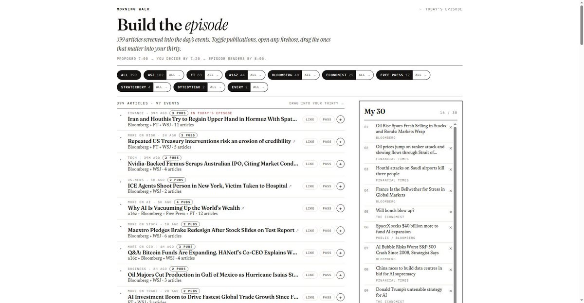 sreeakkineni's tweet photo. Cora has been huge for me. Managing my inbox infinitely better just by triaging my newsletters.

Doubly I've found myself using it more since the persistent agents came about since they make sure nothing slips through the cracks.

Now the other side of this is that I pay for quite a few newsletters and news publications -> have started to miss getting my news as a result.

I've just had Muse, which I gave logins to all the news publications I listen to, create a morning podcast for me. It goes across all the publications, finds thematic trends, and has two podcast hosts who dissect them.

I've been doing evals atm, focusing on getting the tone of voice, the criticality, and the effectiveness tight, and that's my thing. 

I listen to this when I walk the dog hence the name  (30 min on news + 15 on what the agents got done overnight).