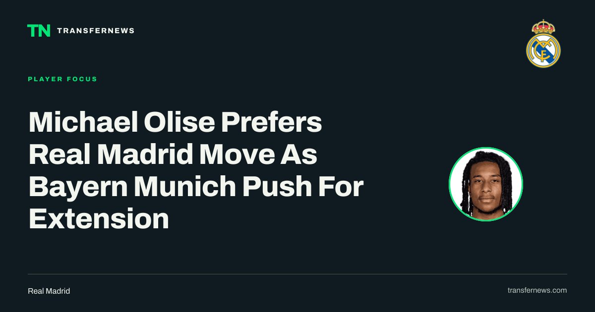 transfernewsweb's tweet photo. Michael Olise is prioritizing a move to Real Madrid, per Christian Falk, creating a setback for Liverpool and Arsenal. While Bayern Munich pushes for a contract extension, the winger's preference for Spain complicates potential Premier League interest. 🇪🇸 #Olise #TransferNews https://t.co/WuVtirEWiN