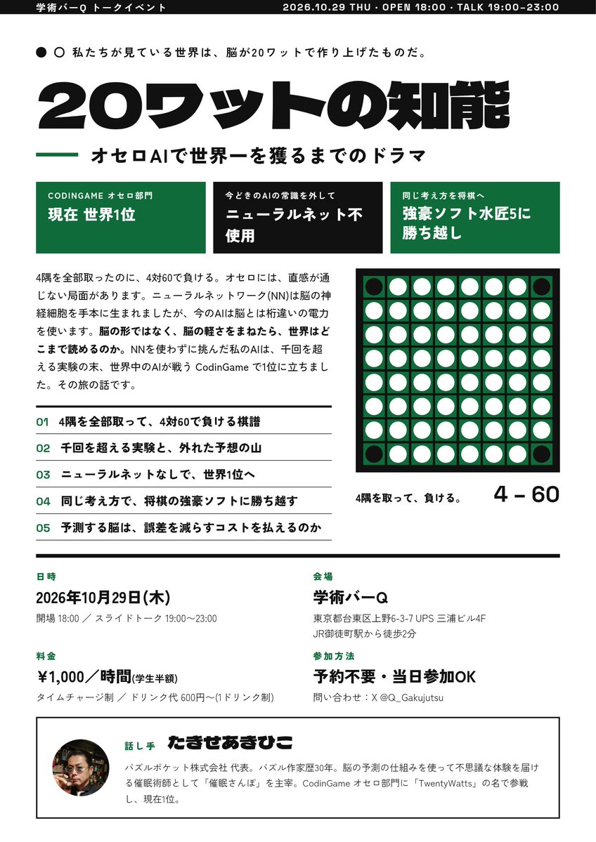 puzzlepocket's tweet photo. トークイベント『20ワットの知能』

この夏、脳のように軽い計算をするオセロAIを作り、CodinGameで世界1位になりました。将棋ではNNを使わずに、NNUE型の強豪ソフト水匠5に勝ち越しました。その舞台裏のお話です。

10/29(木)開場18時/スライドトーク19時〜 学術バーQ(御徒町)
予約不要 @Q_Gakujutsu https://t.co/eSqllUm1dc