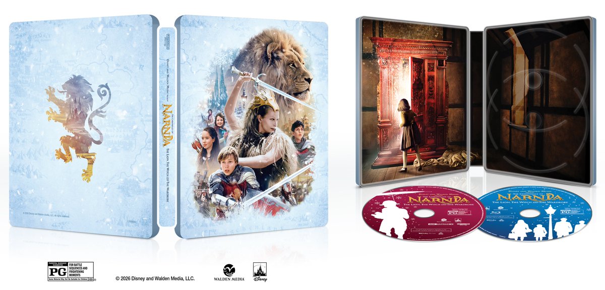 thehdroom's tweet photo. The Chronicles of Narnia: The Lion, The Witch and the Wardrobe 4K UHD + Blu-ray + Digital Steelbook has been announced for December 15th. Pre-order to come.

Aspect Ratio
Physical: 4K UHD: Widescreen (2.35:1), Blu-ray: Widescreen (2.35:1)

Disc Size
4K UHD: 66GB
Blu-ray: 50GB

Audio
4K: English Dolby Atmos and 2.0 Dolby Digital Descriptive Audio, Spanish 5.1 DTS Digital Surround,
French 5.1 Dolby Digital Language Tracks

Blu-ray: English 5.1 5.1 Uncompressed (48 kHx/16-bit), Spanish and Frinch 5.1 Dolby Digital Language
Tracks

Subtitles
4K: English SDH, Spanish and French

Blu-ray: English SDH, Spanish and French

Bonus Features:
Creatures, Lands & Legends: Creatures of the World
Explore Narnia 3-D Map
Audio Commentary with Director Andrew Adamson and Stars
Audio Commentary with the Filmmakers