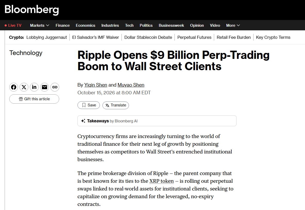 ChadSteingraber's tweet photo. Bloomberg on Ripple --> "...turning to the world of traditional finance for their next leg of growth..."

$9Billion Perp-Trading Boom ✅ https://t.co/jr8b3JfyJV