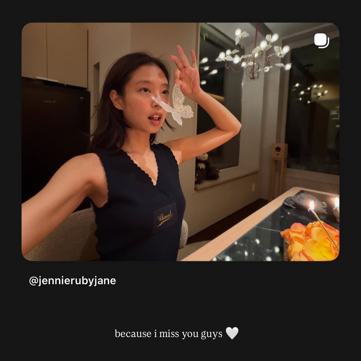 NEWSJENNlE's tweet photo. 📸 261015 #JENNIE IG story update

'because i miss you guys 🤍' https://t.co/EjpA2ehjEE