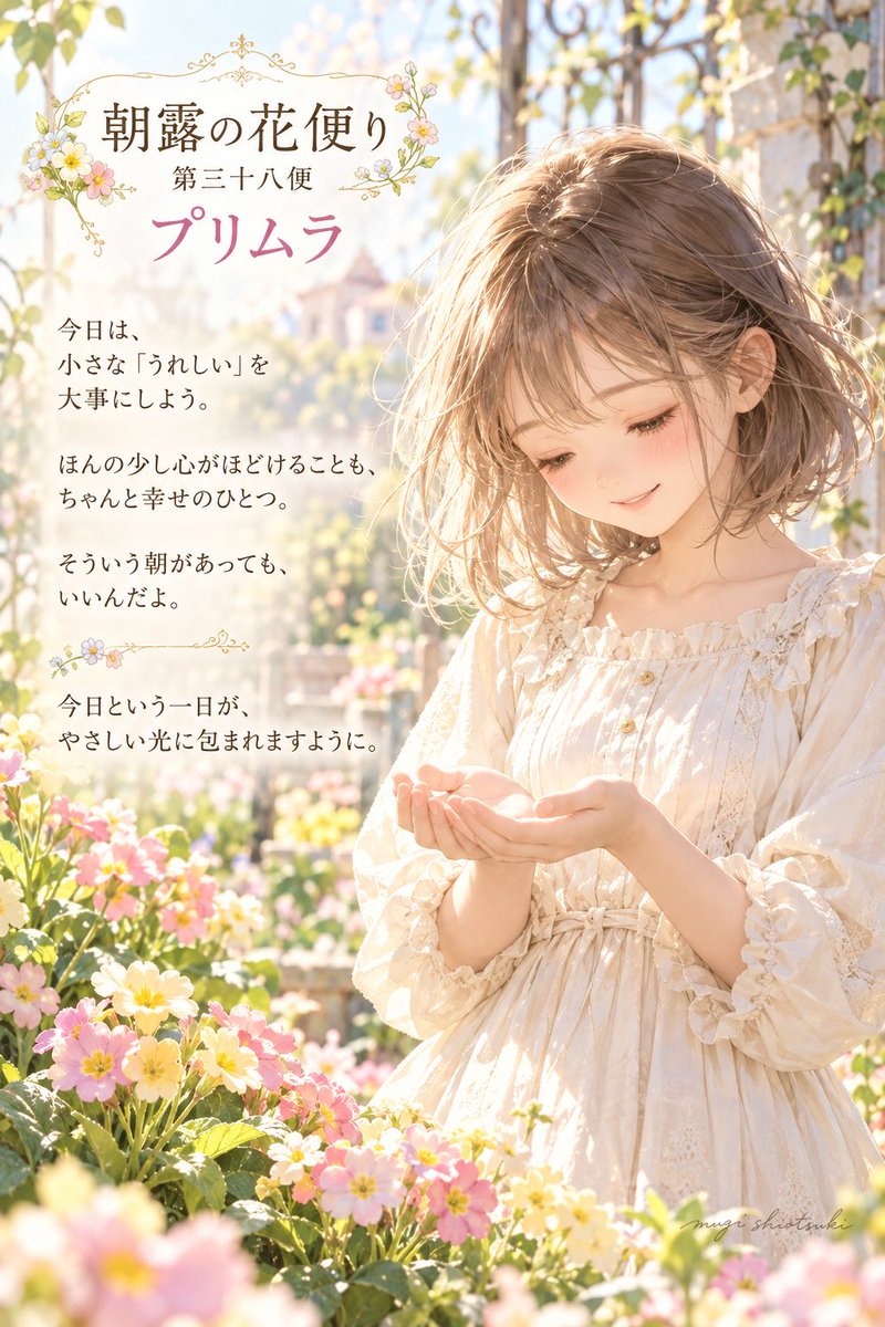 mugi_shiotsuki's tweet photo. 今日は、
小さな「うれしい」を大事にしよう。

ほんの少し心がほどけることも、
ちゃんと幸せのひとつ。

そういう朝があっても、
いいんだよ。

　　第三十八便「プリムラ」

 #朝露の花便り #AIイラスト https://t.co/AQ1B0EJ5Dv