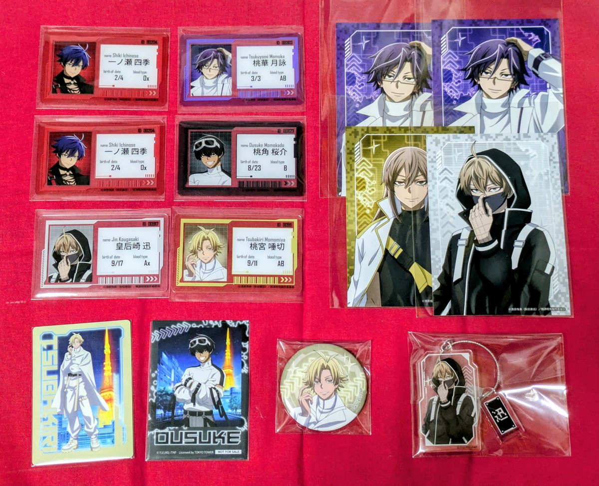 agioic's tweet photo. 【交換】 桃源暗鬼 東京タワー コラボ

譲）画像１

求）定価 譲渡
　　IDカード　　無陀野、花魁坂、淀川 　　　　
　　ブロマイド　同期組１、淀川１ 
　　コースター　同期組 　　
　　特典カード　前半無陀野 、後半花魁坂　　
　　アクキー、バッジ　花魁坂

  都内手渡し、郵送どちらでも🆗 https://t.co/6F3HXmn06E